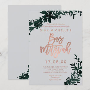 Invitation Rose gold écriture Florale vert gris bas mitzvah
