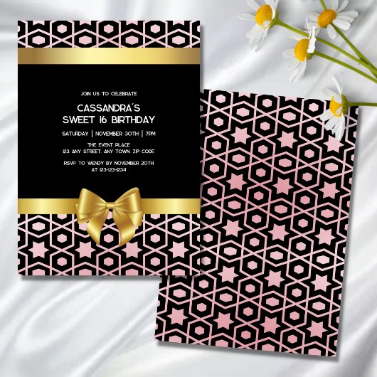 Invitation Rose Gold Egypt Géométrique Gold Bow 16e anniversa