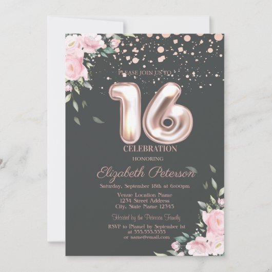 Invitation Rose Gold élégant à points, Floral Sweet 16 (Devant)