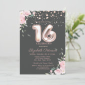 Invitation Rose Gold élégant à points, Floral Sweet 16 (Debout devant)