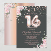 Invitation Rose Gold élégant à points, Floral Sweet 16 (Devant / Derrière)