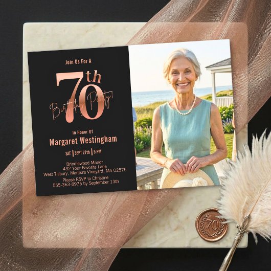 Invitation Rose Gold Élégant Photo 70e Anniversaire
