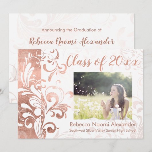 Invitation Rose Gold Elegant Swirl Photo Graduation (Devant / Derrière)
