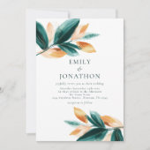 Invitation Rose Gold Emerald Feuilles Script Mariage photo (Devant)