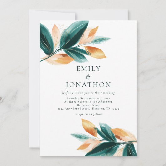 Invitation Rose Gold Emerald Feuilles Script Mariage photo (Devant)