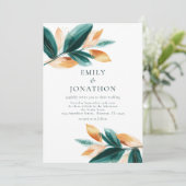 Invitation Rose Gold Emerald Feuilles Script Mariage photo (Debout devant)