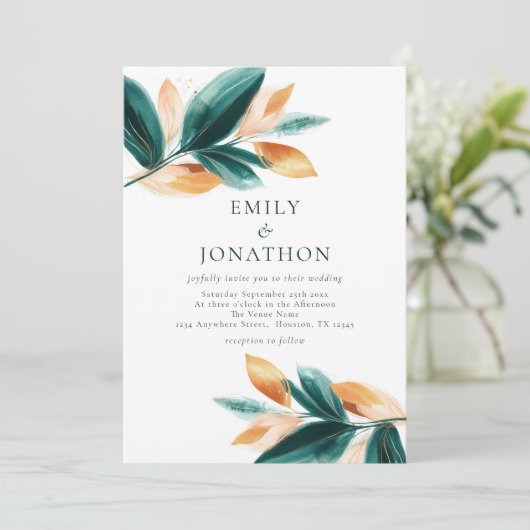 Invitation Rose Gold Emerald Feuilles Script Mariage photo (Debout devant)