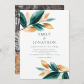 Invitation Rose Gold Emerald Feuilles Script Mariage photo (Devant / Derrière)