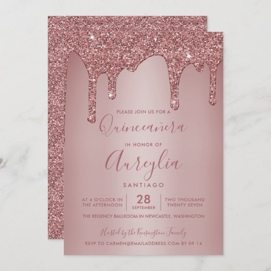 Invitation Rose Gold Éperche Parties scintillant Drives Quinc (Devant / Derrière)