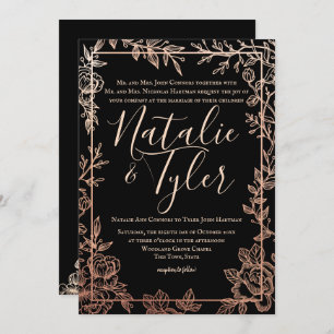 Invitation Rose Gold et Black Floral Sketch Frame Classic
