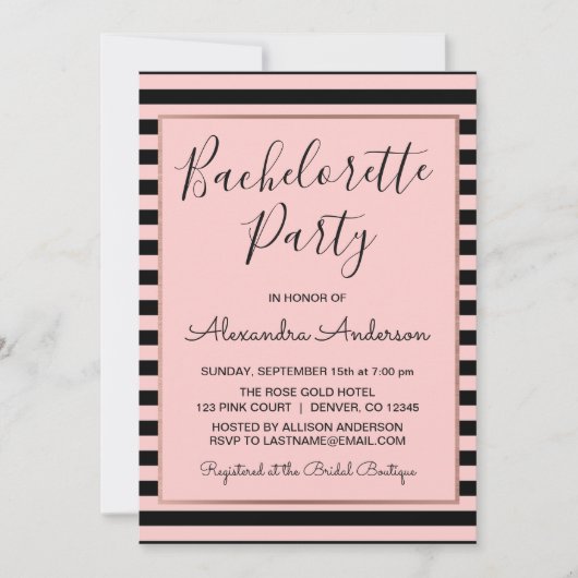 Invitation Rose Gold et Black Stripe Bachelorette Party (Devant)