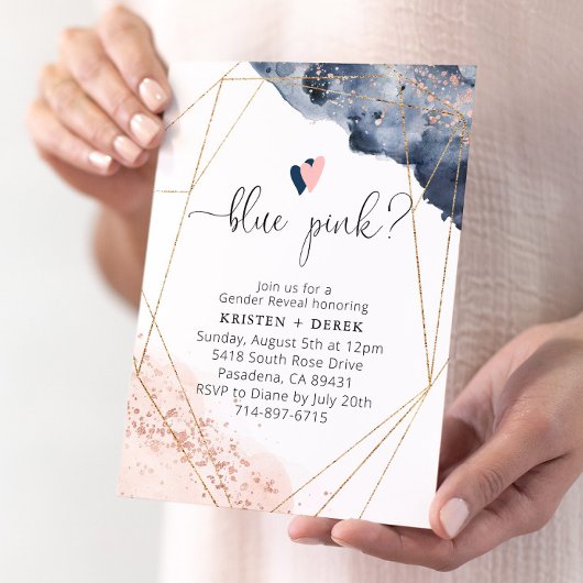 Invitation Rose Gold et bleu marine Aquarelle Révélation de g