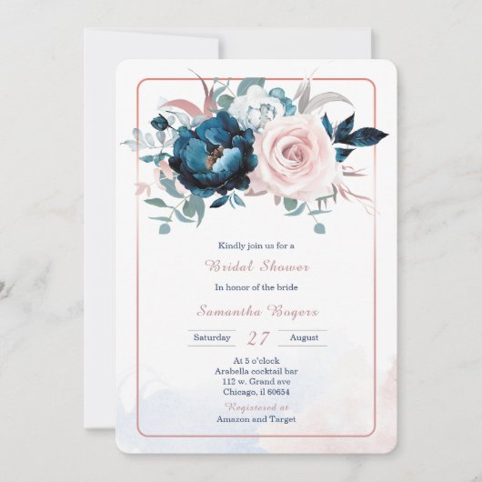 Invitation Rose Gold et Blue Fête des mariées Modèle (Devant)