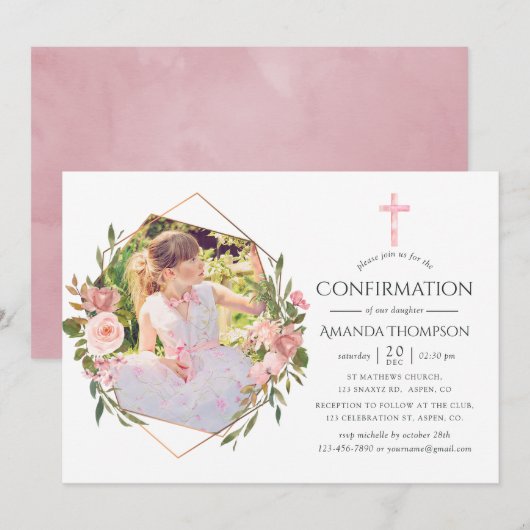 Invitation Rose Gold et Blush Géométrique Confirmation (Devant / Derrière)