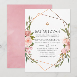 Invitation Rose Gold et Blush Pink Floral Bat Mitzvah