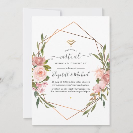 Invitation Rose Gold et Blush Pink Mariage virtuel en ligne (Devant)