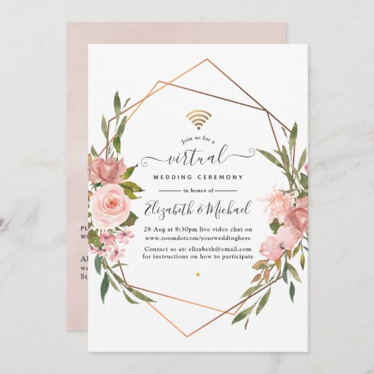 Invitation Rose Gold et Blush Pink Mariage virtuel en ligne (Devant / Derrière)