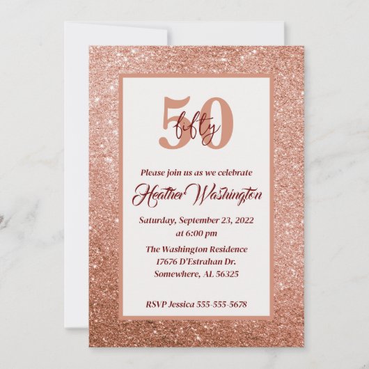 Invitation Rose Gold et Bourgogne 50e anniversaire (Devant)
