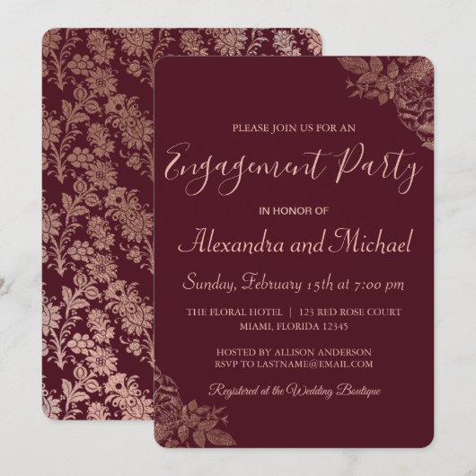 Invitation Rose Gold et Burgundy Roses (Devant / Derrière)