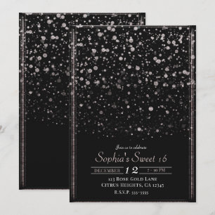 Invitation Rose Gold et Confettis Noirs éclaboussés Fête Douc