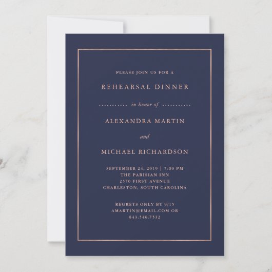 Invitation Rose Gold et Midnight Blue | Dîner de répétition (Devant)