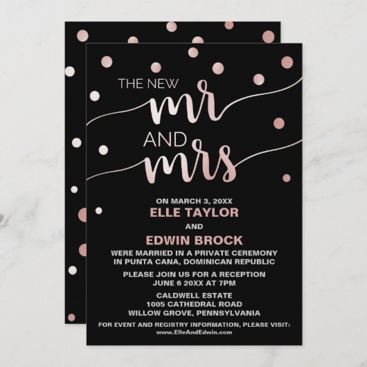 Invitation Rose Gold et Noir | Réception de Mariage Intime Gl (Devant / Derrière)