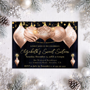 Invitation Rose Gold et Or Noël Boules Sweet 16