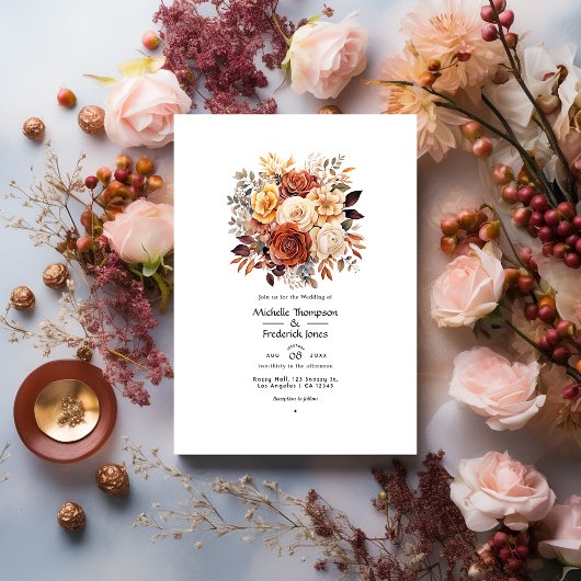 Invitation Rose Gold et Rose Brown Floral Mariage