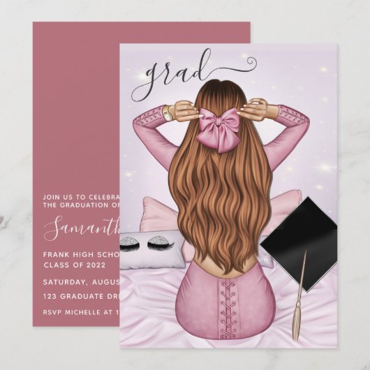 Invitation Rose Gold et Rose Ginger Fille Diplômée (Devant / Derrière)