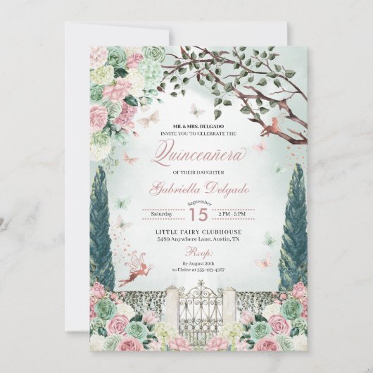 Invitation Rose Gold Fairy Enchanted Jardin Quinceanera (Devant)