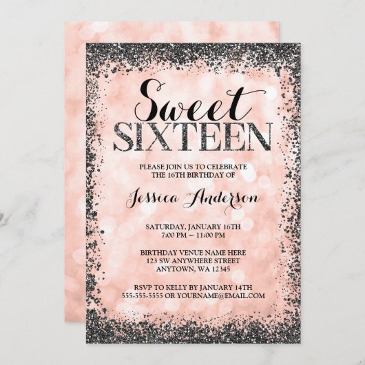 Invitation Rose Gold Faux Black Parties scintillant Lights Sw (Devant / Derrière)