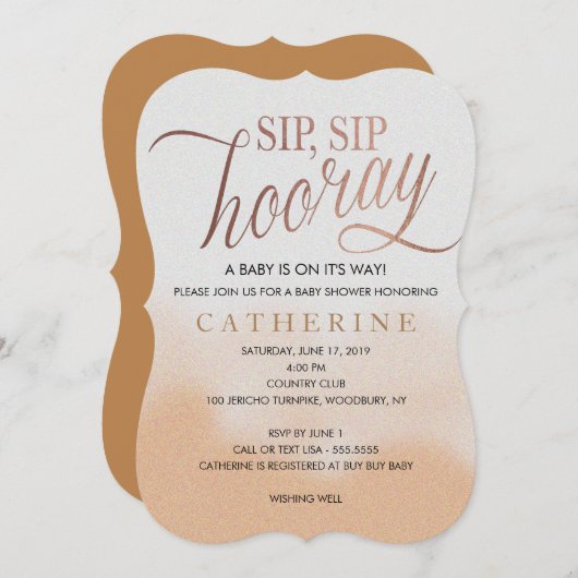 Invitation Rose Gold faux Foil, Sip Hooray Baby shower (Devant / Derrière)