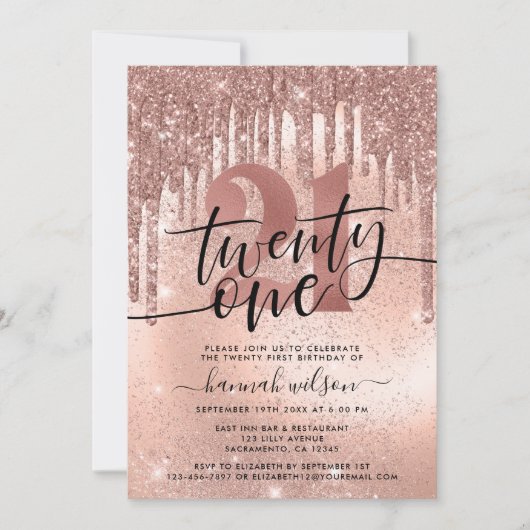 Invitation Rose Gold Faux Parties scintillant et Foil fête 21 (Devant)
