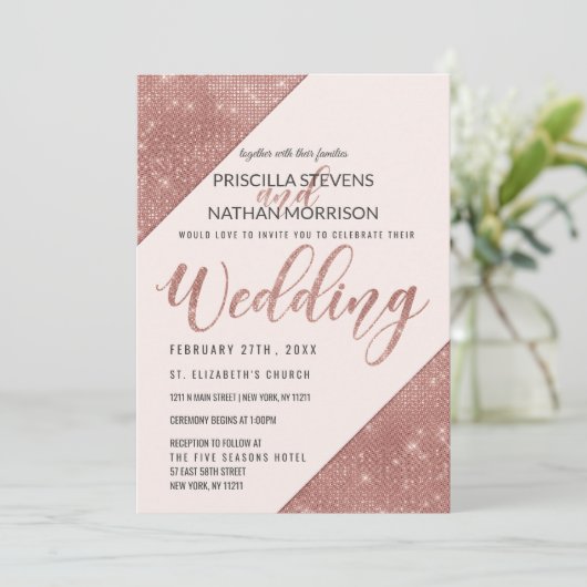 Invitation Rose Gold Faux Sparkling Parties scintillant Sequi (Debout devant)