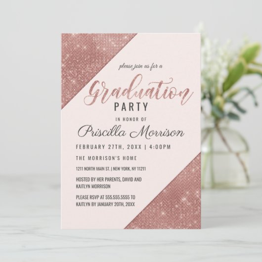 Invitation Rose Gold Faux Sparkling Parties scintillant Sequi (Debout devant)