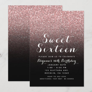 Invitation Rose Gold Fête Douce 16 ans Paillettes Rose et Noi