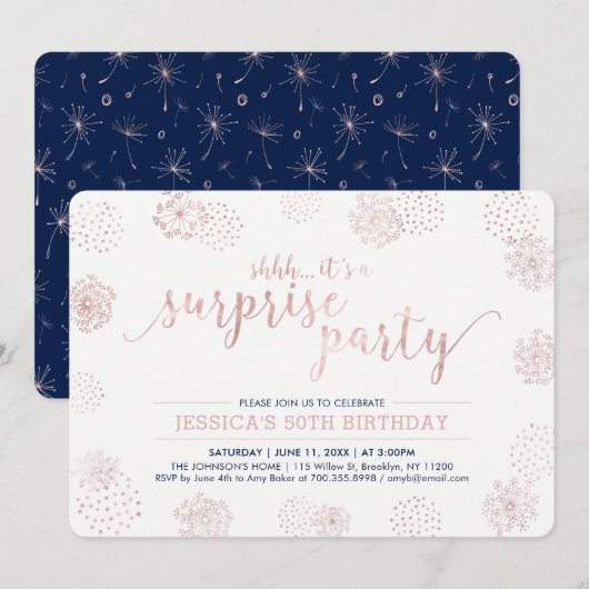 Invitation Rose Gold | Fête surprise d'anniversaire 50 ans mo (Devant / Derrière)