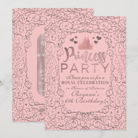 Invitation Rose Gold Filigrane Rose Foncé FÊTE DE PRINCESSE A (Devant / Derrière)