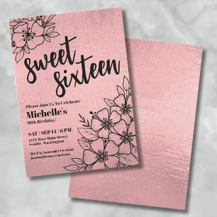 Invitation Rose Gold Floral 16e Anniversaire