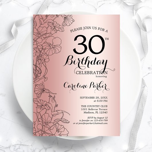 Invitation Rose Gold Floral 30e fête d'anniversaire