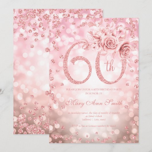 Invitation Rose Gold Floral 60e Anniversaire Lumières (Devant / Derrière)