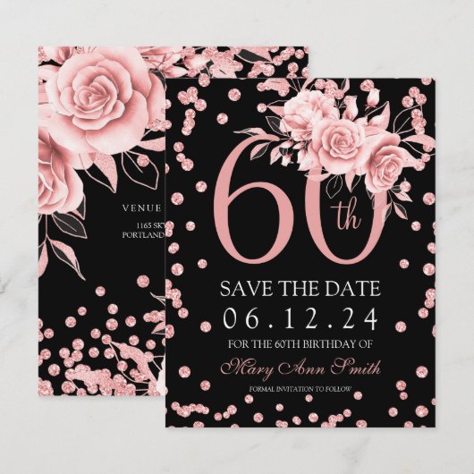 Invitation Rose Gold Floral 60e Enregistrer la date Noir (Devant / Derrière)