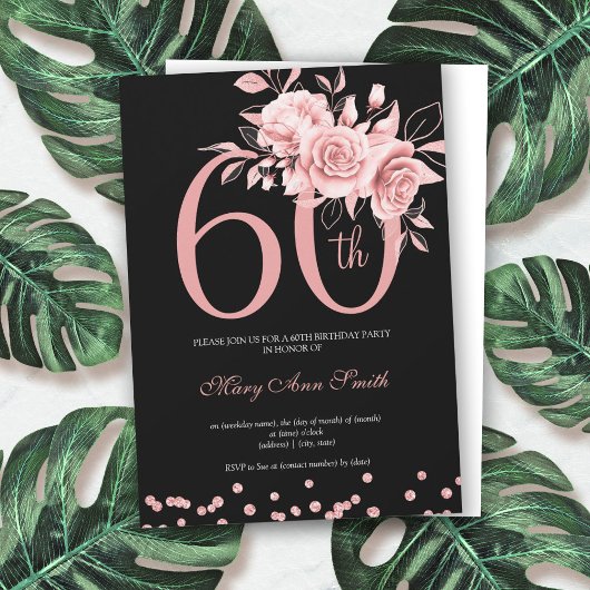Invitation Rose Gold Floral 60e fête d'anniversaire noir
