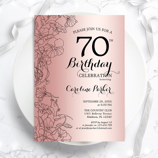 Invitation Rose Gold Floral 70e fête d'anniversaire