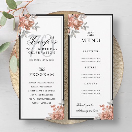 Invitation Rose Gold Floral 70th Birthday Program Menu