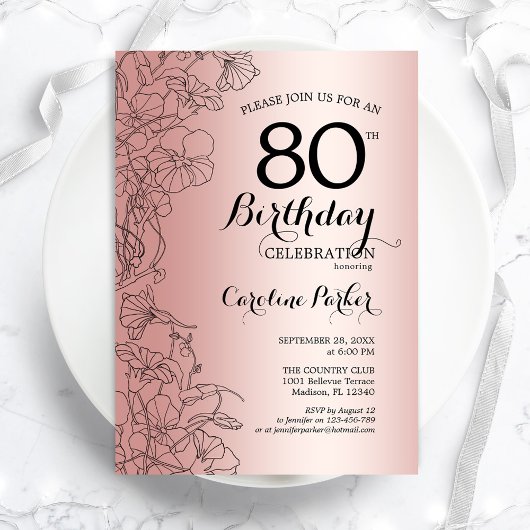 Invitation Rose Gold Floral 80e fête d'anniversaire