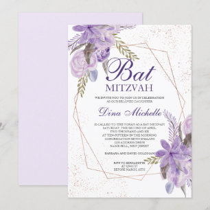 Invitation Rose gold floral aquarelle violet Bat Mitzvah