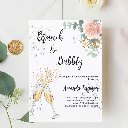 Invitation Rose Gold Floral Brunch Bubbly Retraite Party