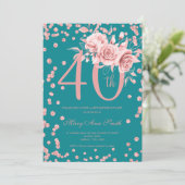 Invitation Rose Gold Floral & Confetti 40e anniversaire Turqu (Debout devant)