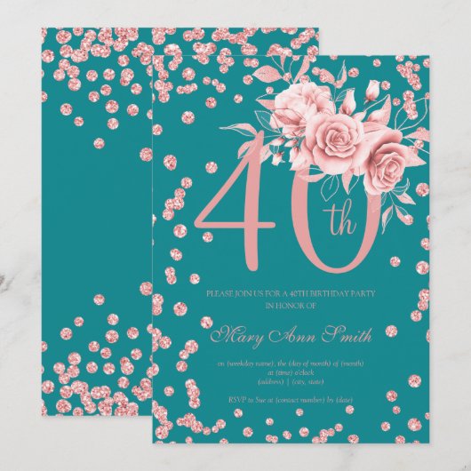 Invitation Rose Gold Floral & Confetti 40e anniversaire Turqu (Devant / Derrière)